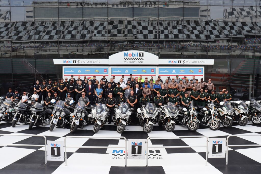 Local law enforcement, Florida Highway Patrol, and the Florida Department of Transportation gathered at the Daytona International Speedway.